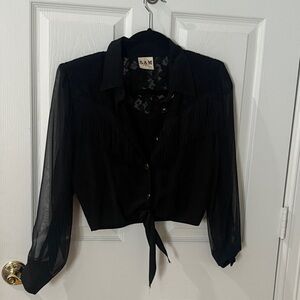 VINTAGE 80s SAM. Black Sheer Button-Down Shirt crop with tassels and lace small